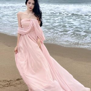 Sweet Chiffon Split Mop Long Dress - Y2K Aesthetic Seaside Holiday Skirt