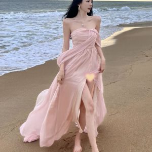 Sweet Chiffon Split Mop Long Dress - Y2K Aesthetic Seaside Holiday Skirt