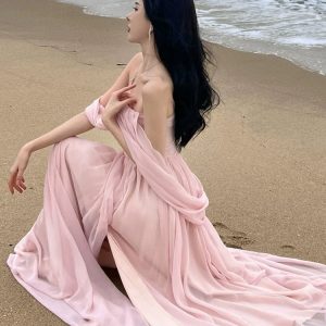 Sweet Chiffon Split Mop Long Dress - Y2K Aesthetic Seaside Holiday Skirt