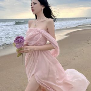 Sweet Chiffon Split Mop Long Dress - Y2K Aesthetic Seaside Holiday Skirt