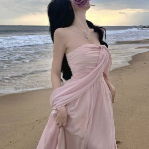 Sweet Chiffon Split Mop Long Dress - Y2K Aesthetic Seaside Holiday Skirt