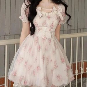 Sweet Floral Fairy Mini Dress with Puff Sleeves - Kawaii Mesh Spliced A-line Dress for Women