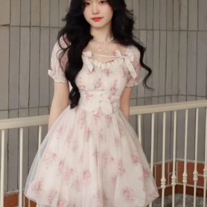 Sweet Floral Fairy Mini Dress with Puff Sleeves - Kawaii Mesh Spliced A-line Dress for Women