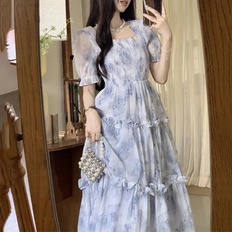 Sweet Floral Princess Dress for Women - 2024 Spring Summer Fashion with Waist Cinching