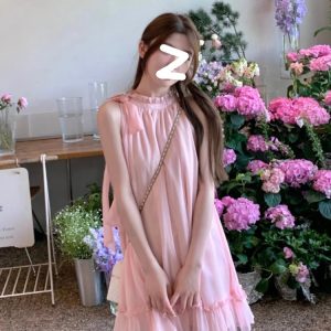 Sweet Pink Y2K Mini Dress - Casual Sleeveless Elegant Korean Style for Summer Parties 2024