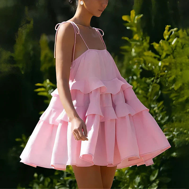 Sweet Solid Multi-Tiered Ruffle Cake Dress - Backless Suspender Style for Summer Parties