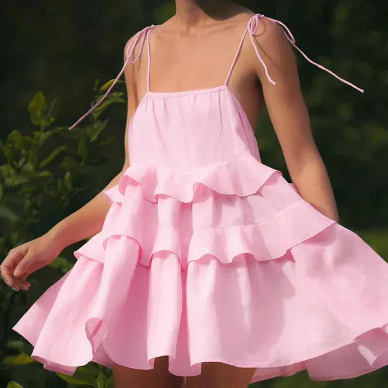 Sweet Solid Multi-Tiered Ruffle Cake Dress - Backless Suspender Style for Summer Parties