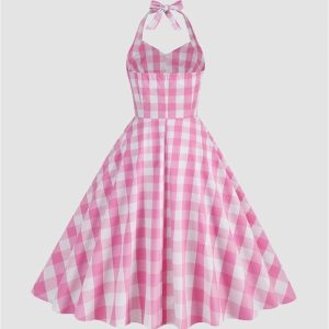 Sweet Utopia Y2K Gingham Halter Flare Dress - Cute Coquette Aesthetic Fashion