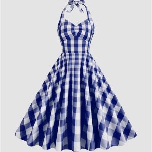 Sweet Utopia Y2K Gingham Halter Flare Dress - Cute Coquette Aesthetic Fashion