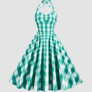 Sweet Utopia Y2K Gingham Halter Flare Dress - Cute Coquette Aesthetic Fashion