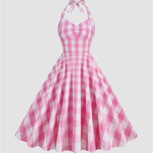 Sweet Utopia Y2K Gingham Halter Flare Dress - Cute Coquette Aesthetic Fashion