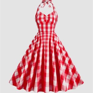 Sweet Utopia Y2K Gingham Halter Flare Dress - Cute Coquette Aesthetic Fashion