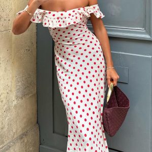 Sweetie Polka Dot Ruffle Hem Off-Shoulder Dress - Y2K Aesthetic Cute Summer Fashion