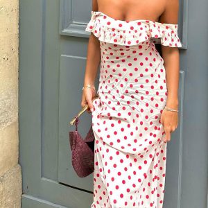 Sweetie Polka Dot Ruffle Hem Off-Shoulder Dress - Y2K Aesthetic Cute Summer Fashion