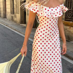 Sweetie Polka Dot Ruffle Hem Off-Shoulder Dress - Y2K Aesthetic Cute Summer Fashion