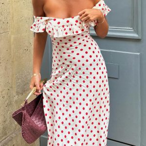 Sweetie Polka Dot Ruffle Hem Off-Shoulder Dress - Y2K Aesthetic Cute Summer Fashion