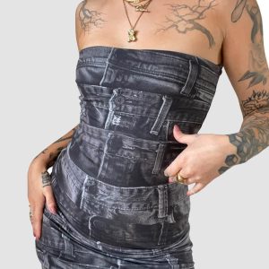 Syrinx Y2K Denim Button Dress - Vintage-Inspired Grunge Style for Aesthetic Outfits