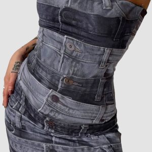 Syrinx Y2K Denim Button Dress - Vintage-Inspired Grunge Style for Aesthetic Outfits