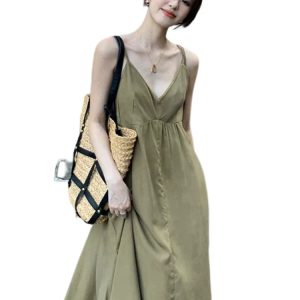 Tea Break French V-neck Sling Dress for Summer 2024 - Chic Seaside Vacation Style