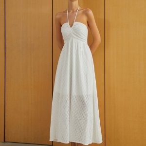 Textured Shirred Halter Knotted Maxi Dress for Y2K Fashion and Coquette Aesthetic