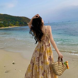 Thailand Seaside Beach Skirt Slip Dress with Back Bow - Y2K Vacation Style