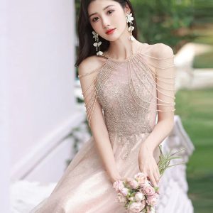 Toast Pink Y2K Aesthetic Halterneck Dress for Chic Engagement Events