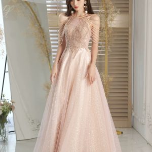 Toast Pink Y2K Aesthetic Halterneck Dress for Chic Engagement Events