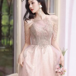 Toast Pink Y2K Aesthetic Halterneck Dress for Chic Engagement Events