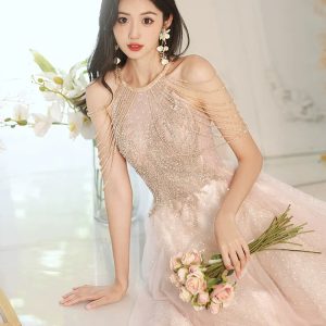 Toast Pink Y2K Aesthetic Halterneck Dress for Chic Engagement Events