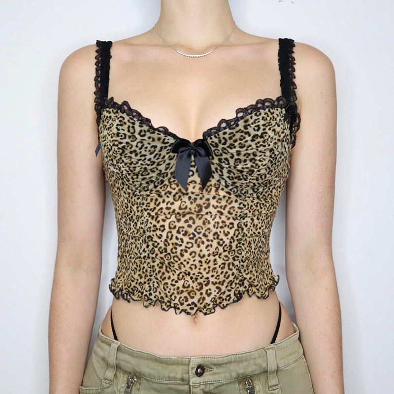 Toby Y2K Leopard Print Mesh Crop Top - Trendy Coquette Aesthetic Cute Top for Stylish Outfits