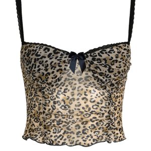 Toby Y2K Leopard Print Mesh Crop Top - Trendy Coquette Aesthetic Cute Top for Stylish Outfits