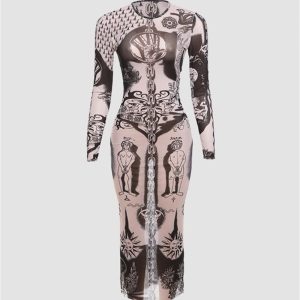 Totem Digital Print Maxi Dress - Y2K Aesthetic Boho Style for Effortless Chic