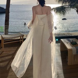 Trailing French Light Wedding Dress & Y2K Aesthetic Graduation Dress