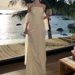 Trailing French Light Wedding Dress & Y2K Aesthetic Graduation Dress