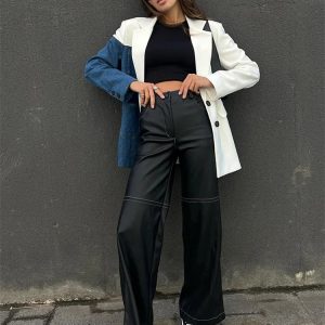 Trendy High Waist Black PU Pants for Women - Slim Fit Streetwear Fashion Sweatpants 2023