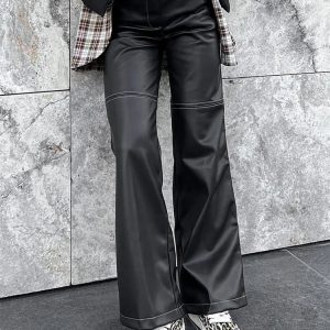 Trendy High Waist Black PU Pants for Women - Slim Fit Streetwear Fashion Sweatpants 2023