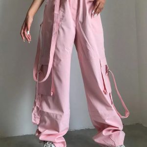 Trendy High Waist Pink Cargo Pants for Women - Loose Fit Baggy Sweatpants for Fall 2023