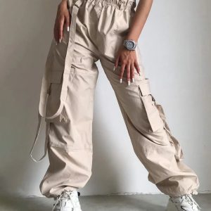 Trendy High Waist Pink Cargo Pants for Women - Loose Fit Baggy Sweatpants for Fall 2023