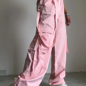 Trendy High Waist Pink Cargo Pants for Women - Loose Fit Baggy Sweatpants for Fall 2023