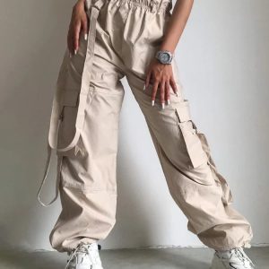 Trendy High Waist Pink Cargo Pants for Women - Loose Fit Baggy Sweatpants for Fall 2023