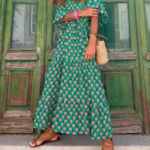 Trendy Hot Green Printed Maxi Dress for Y2K Fashion Lovers - Perfect Vacation Outfit