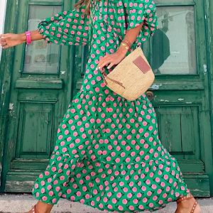 Trendy Hot Green Printed Maxi Dress for Y2K Fashion Lovers - Perfect Vacation Outfit