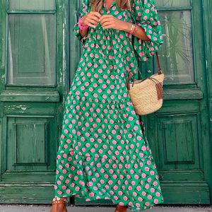 Trendy Hot Green Printed Maxi Dress for Y2K Fashion Lovers - Perfect Vacation Outfit