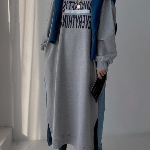 Trendy Letter Print Denim Split Joint Long Sleeve Sweatshirt Dress for Y2K Aesthetic