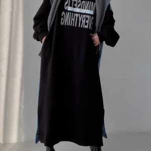 Trendy Letter Print Denim Split Joint Long Sleeve Sweatshirt Dress for Y2K Aesthetic