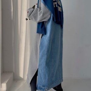 Trendy Letter Print Denim Split Joint Long Sleeve Sweatshirt Dress for Y2K Aesthetic