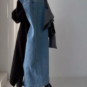 Trendy Letter Print Denim Split Joint Long Sleeve Sweatshirt Dress for Y2K Aesthetic