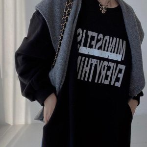 Trendy Letter Print Denim Split Joint Long Sleeve Sweatshirt Dress for Y2K Aesthetic