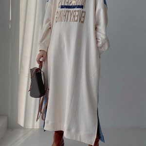 Trendy Letter Print Denim Split Joint Long Sleeve Sweatshirt Dress for Y2K Aesthetic