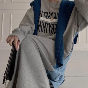 Trendy Letter Print Denim Split Joint Long Sleeve Sweatshirt Dress for Y2K Aesthetic